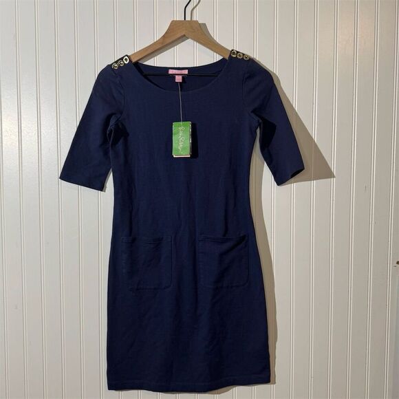 NWT Lilly Pulitzer Navy Mini Dress XXS Gold Button Shoulder Pockets Preppy Work - Picture 1 of 9